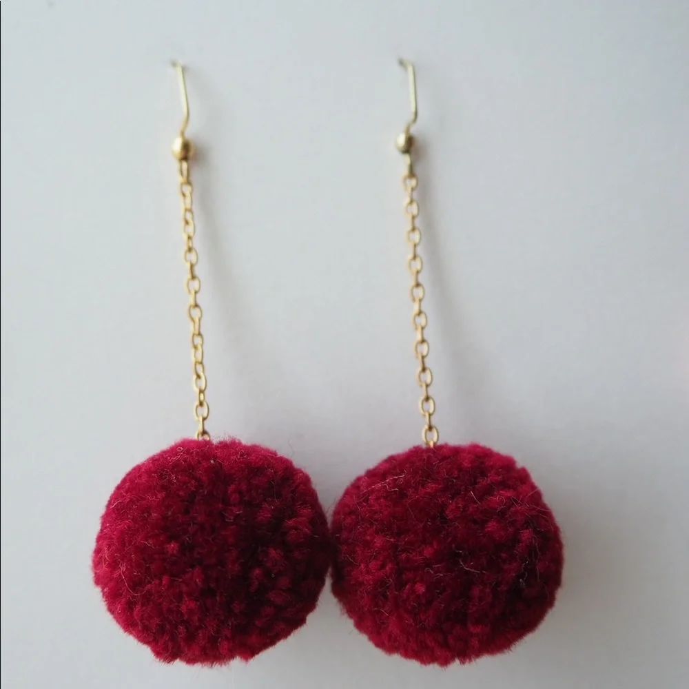 Red Burgundy Pom Pom Dangle Earrings Nickel Free - Picture 2 of 5